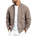 Detailed shot of men's taupe suede bomber jacket with front zipper and ribbed cuffs - Brown