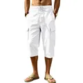 Men's white linen cargo capri pants with drawstring waist for beach and casual summer wear - S / Bottoms / White