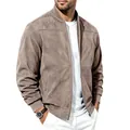 Vue de face d'un blouson aviateur en daim marron pour homme avec bords-côtes. - S / Hauts / Kaki