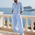 Men's premium light blue linen long-sleeve shirt and wide-leg trousers two-piece set - S / Top And Bottom / Light Blue