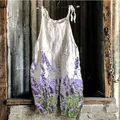 Vintage bohemian white jumpsuit with purple lavender print floral design and wide leg style - S / Top And Bottom / White Lavender Print (Flower 15)