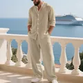Men's khaki linen two-piece set featuring a stand collar shirt and loose straight-leg pants - S / Top And Bottom / Khaki