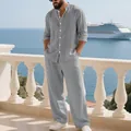 Elegant men's grey linen two-piece set featuring long-sleeve shirt and straight pants - S / Top And Bottom / Dark Gray