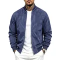 Close-up view of a premium blue suede bomber jacket with ribbed collar and silver zipper - S / Top (BUTZ-55) / Navy Blue