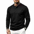Classic men's solid black long-sleeve Henley shirt featuring a stylish button placket detail - Black