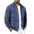 Detail of men's blue suede-like bomber jacket showing zipper and ribbed knit trim - S / Tops / Navy Blue