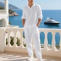 Ensemble deux pièces blanc en lin pour homme avec polo manches longues et pantalon - S / Haut Et Bas / Blanc