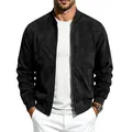 Close-up view of black suede bomber jacket for men featuring ribbed cuffs and metal zipper - S / Top (BUTZ-55) / Black