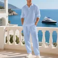 Ensemble polo en lin à manches longues et pantalon bleu clair pour homme pour la plage - S / Haut Et Bas / Bleu ciel