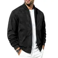 Detailed view of a premium men's black suede bomber jacket featuring a stylish zip-up design. - S / Tops / Black