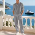 Ensemble deux pièces décontracté en lin gris pour homme avec polo et pantalon - S / Haut Et Bas / Gris