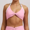 Rosa Halterneck-Yoga-Sport-BH mit elegantem Knotendetail vorne und weißen Trägern - S / Oberteile / Kirschblütenrosa