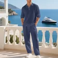 Men's two-piece navy blue linen long sleeve polo shirt and pants casual beachwear set - Navy Blue