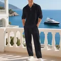 Ensemble deux pièces noir en lin pour homme avec polo à manches longues et pantalon - S / Haut Et Bas / Noir