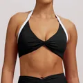 Schwarzer Halter-Neck-Yoga-Sport-BH mit weißem Rand und Knotendetail für Fitnessübungen - S / Oberteile / Premium Schwarz