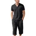 Ensemble polo en lin décontracté et pantalon court assorti pour hommes en noir - Noir