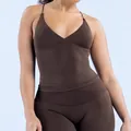 Women's chocolate brown seamless yoga tank top and high-waist fitness leggings set - Tan