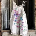 Vintage style summer white wide leg jumpsuit featuring colorful butterfly and floral prints - S / Top And Bottom / White Purple Blue Butterfly Pink Floral Print (Flower 9)
