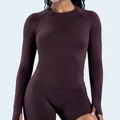 Seamless long sleeve quick-dry sports top and shorts set in plum for yoga and fitness - XS / Tops / Dark Coffee