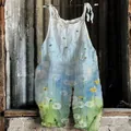 Vintage style summer wide leg jumpsuit with floral dandelion and butterfly print - S / Top And Bottom / Blue-White-Green Gradient Dandelion Butterfly Print (Flower 21)
