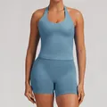 Set da yoga senza cuciture blu con top all'americana e pantaloncini fitness da donna - Blu Nebbia