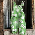 Sweet vintage floral print green wide-leg jumpsuit with adjustable tie-up shoulder straps - S / Top And Bottom / Grass Green Large Floral Print (Flower 24)