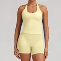 Completo yoga senza cuciture giallo pallido con top all'americana e pantaloncini fitness - Giallo Crema Chiaro