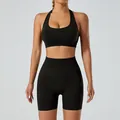 Ensemble de yoga deux pièces noir sans couture avec brassière licou et short - M / Haut et Bas / Noir