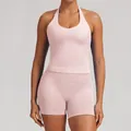 Set yoga rosa senza cuciture con canotta all'americana e pantaloncini fitness a vita alta - Rosa Perla