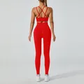 Professional red seamless yoga set featuring cross back sports bra and high waisted leggings - M / Top And Bottom / Red