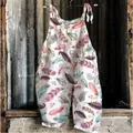 Women's vintage summer jumpsuit featuring a colorful feather print and wide-leg design. - S / Top And Bottom / White Colorful Feather Print (Flower 27)