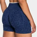 Dunkelblaue nahtlose Yoga-Shorts mit Leopardenmuster, Push-Up-Effekt und weißem Taillenbund. - Marineblau Leopard