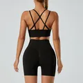 Black seamless yoga set with cross back sports bra and high waisted lifting shorts - M / Top And Bottom / Black
