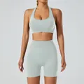 Seamless mint green yoga set with halter sports bra and high-waisted compression shorts. - Grey Blue