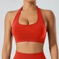 Red halter neck yoga sports bra featuring a ribbed underband and stylish U-neck design - S / Tops / Red