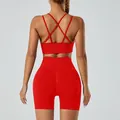 Red seamless sports bra and high-waist yoga shorts set shown from back view. - M / Top And Bottom / Red