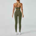 High-waisted olive green yoga set featuring a criss-cross back sports bra and leggings - Army Green