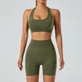 Seamless high-waist olive green yoga set with halter sports bra and biker shorts - Army Green