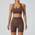 Coffee brown seamless high-stretch yoga set featuring halter sports bra and shorts - Coffee