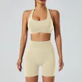 Seamless high stretch yoga set with halter sports bra and high-waisted shorts in cream - Khaki