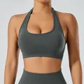 Premium dark grey halter neck sports bra with U-neck design for yoga and fitness - S / Tops / Dark Gray