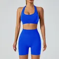 Royal blue seamless high-stretch yoga set with halter sports bra and gym shorts - Blue