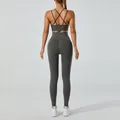 Seamless dark grey yoga set with cross-back sports bra and high-waisted leggings - Dark Gray