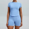 Women's seamless short sleeve yoga set in light blue for fitness and running. - XS / Top And Bottom / Shorts Set / Ice Blue