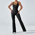 Elegant sleeveless backless black flared leg yoga jumpsuit for fitness and gym use - S / Top And Bottom / Black