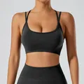 Black sports bra with multi-strap cross back design for women's fitness and yoga - S / Tops / Black