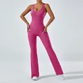 Magenta one-piece flared yoga bodysuit with backless slim fit design for sports - S / Top And Bottom / Dragon Fruit