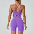 Paarse naadloze yogaset met push-up sportbeha en fitness-shorts met hoge taille - Paars