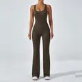 One-piece flared yoga jumpsuit in dark olive green for gym and fitness - S / Top And Bottom / Coffee