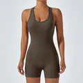 High-stretch seamless athletic yoga bodysuit in chocolate brown featuring an open back design - M / Top And Bottom / Coffee
